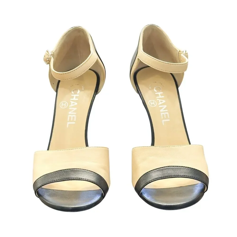 CHANEL Beige & Black Lambskin Open Toe Ankle Strap Heels Pumps Size 37.5